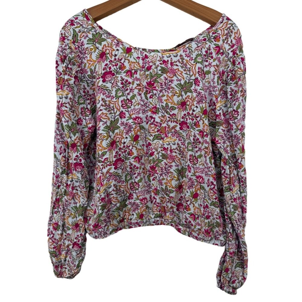 Loft Womens Blouse Sz L Pink Cropped Elastic Waist Long-Slv Cottage Ditzy Floral